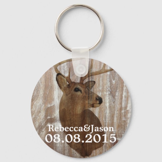 rustic wood deer the hunt is over wedding favour keychain (Front)