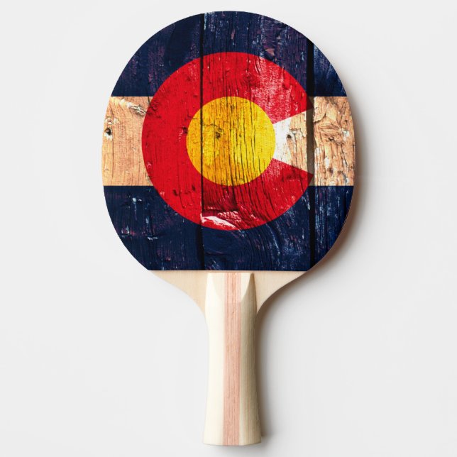 Rustic wood Denver Colorado flag pingpong paddle (Front)