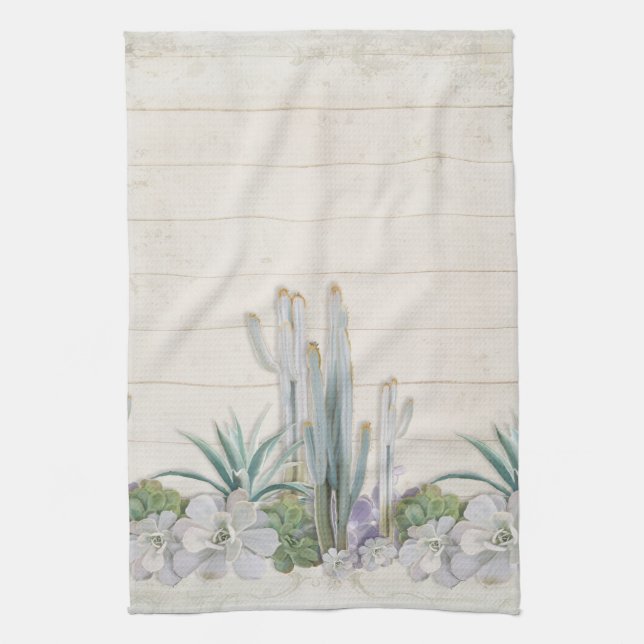 Rustic Wood Desert Cactus Succulent West Kitchen Towel (Vertical)