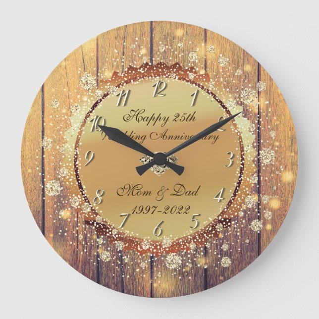 Rustic Wood Diamond 25th Wedding Anniversary Large Clock (Front)