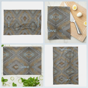 Rustic Wood Diamond Pattern Brown Blue Cabin Kitchen Towel