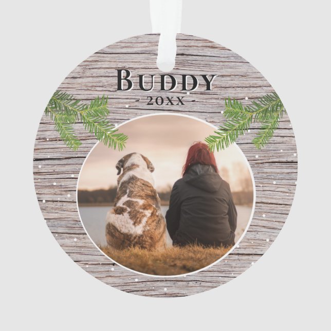 Rustic Wood Dog Pet 2 Photos Christmas Ornament (Back)