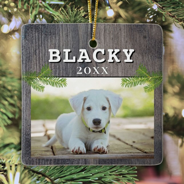 Rustic Wood Dog Pet Photo Christmas Keepsake Ceram Ceramic Ornament (Creator Uploaded)