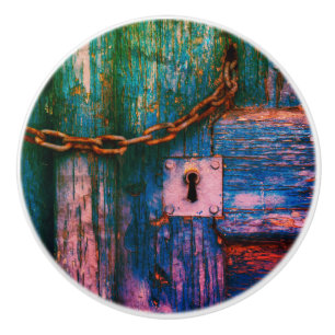 Rustic wood door keyhole and chain ceramic knob