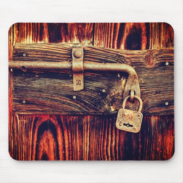 Rustic wood door with antique brass lock brown mouse pad (Front)