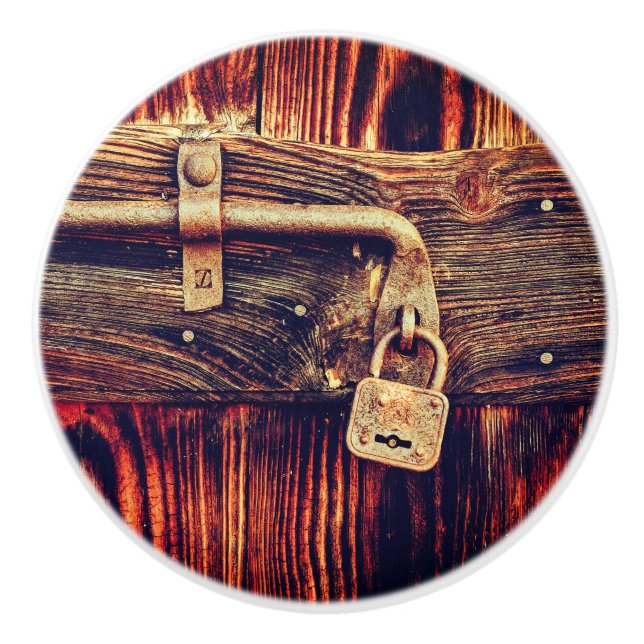 Rustic wood door with antique brass lock ceramic knob (Front)