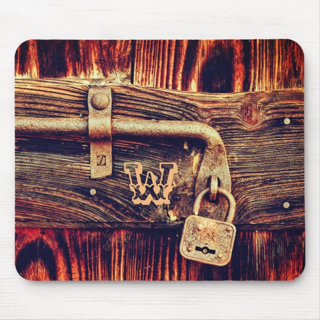 Rustic wood door with antique brass lock mouse pad (Front)