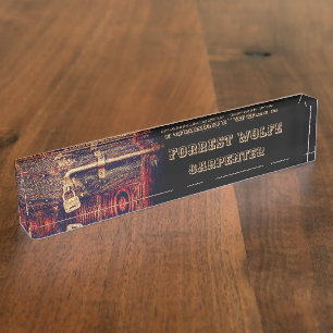 Rustic wood door with antique brass lock nameplate