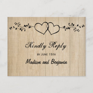 Rustic Wood Double Hearts Wedding RSVP POSTCARDS