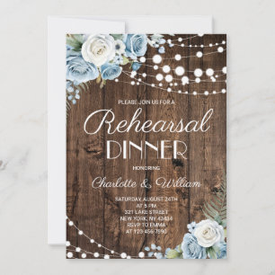 Rustic Wood Dusty Blue Floral Rehearsal Dinner Invitation