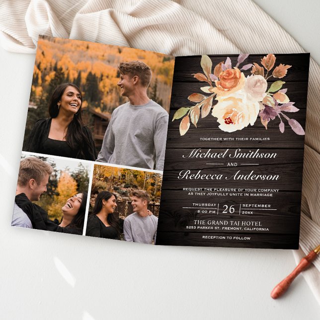 Rustic Wood Earthy Ivory Floral QR Code Wedding Invitation (Creator Uploaded)