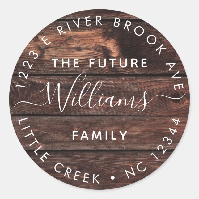 Rustic Wood | Elegant Modern Future Mr and Mrs Classic Round Sticker (Front)