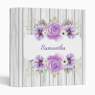Rustic Wood Elegant Purple Flowers Add Your Name Binder