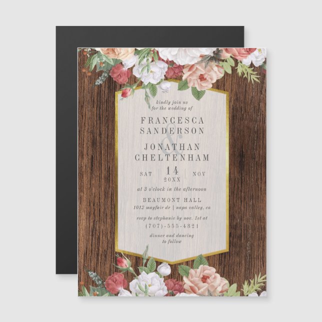 Rustic Wood & Elegant Rose Bouquet | Wedding Magnetic Invitation (Front/Back)