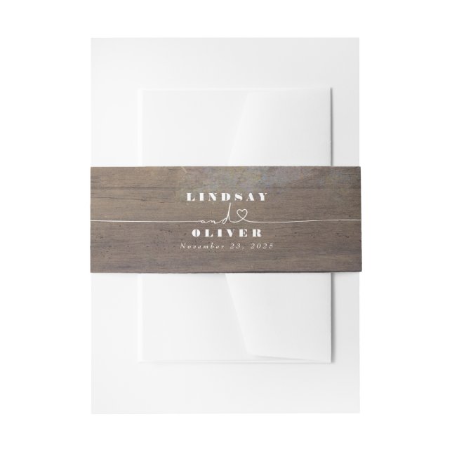 Rustic Wood Elegant Scrip Font Heart Wedding Invitation Belly Band (Front Example)