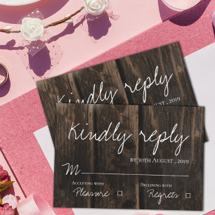 Rustic Wood Elegant Script  Wedding RSVP Card