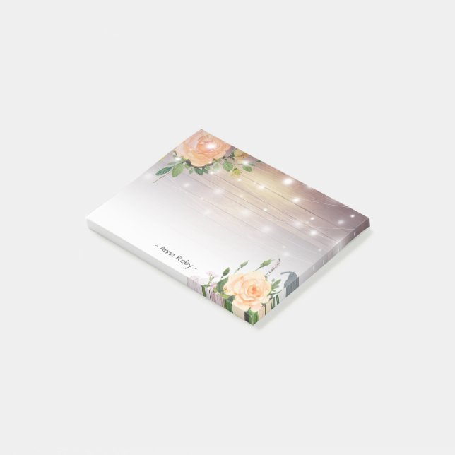 Rustic Wood Elegant White Rose Floral String Light Post-it Notes (Angled)