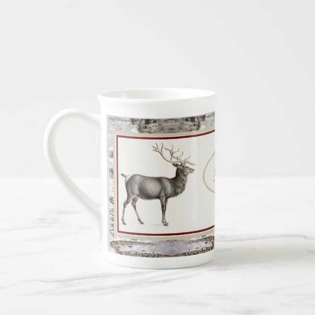  Rustic Wood Elk/ Reindeer Family Monogram Bone China Mug (Left)