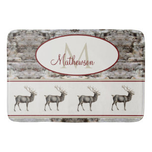 Rustic Wood Elk/ Reindeer Family Monogram tan grey Bath Mat