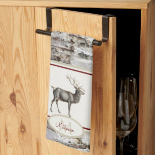 Rustic Wood Elk/ Reindeer Family Monogram tan grey Kitchen Towel