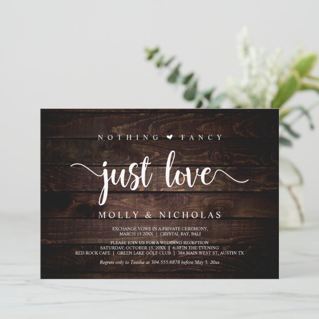 Rustic Wood, Elopement, Nothing Fancy Just Love In Invitation (Standing Front)