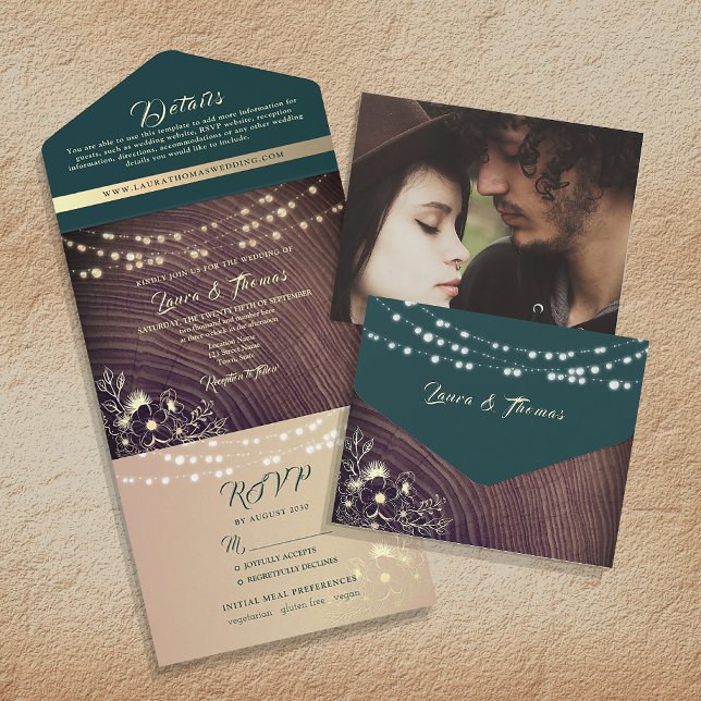 Rustic Wood Emerald Green Wedding All In One Invitation (Creator Uploaded)
