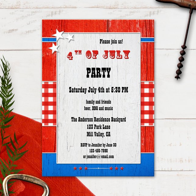 Rustic Wood En vichy 4 juillet Invitation de fête (Créateur téléchargé)