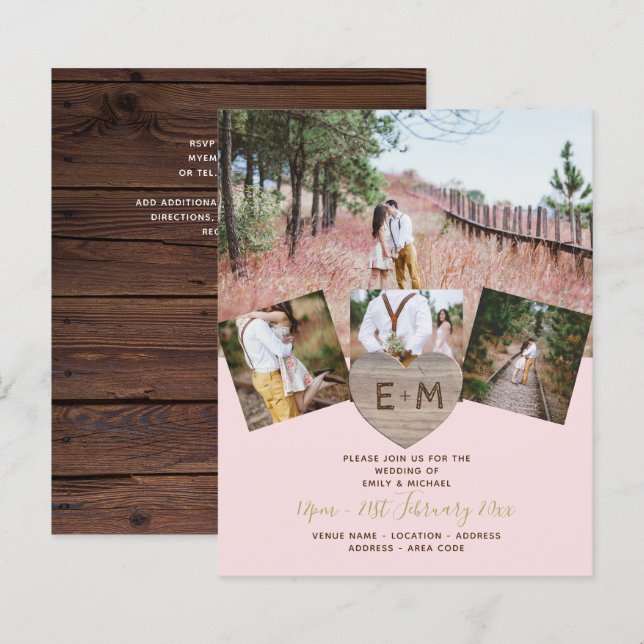 Rustic Wood Engraved Heart PHOTO COLLAGE  Invitati (Front/Back)