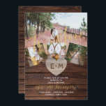 Rustic Wood Engraved Heart PHOTO COLLAGE WEDDING Invitation<br><div class="desc">This elegant and modern wedding invitation features a rustic wooden heart with monogram of the bride and groom's initials and 4 photo templates for you to add couple photos of yourself enjoying happy and romantic times. It has a rustic wood printed background (available in different shades) and has text template...</div>