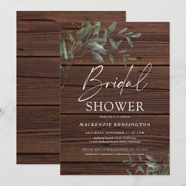 Rustic Wood Eucalyptus Gold Elegant Bridal Shower Invitation (Front/Back)