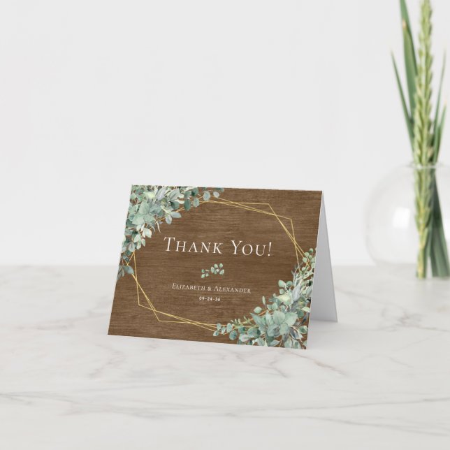 Rustic Wood Eucalyptus Greenery Geometric Wedding Thank You Card (Front)