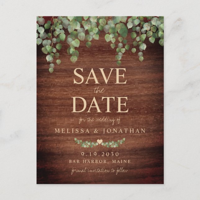 Rustic Wood Eucalyptus Greenery Save The Date Announcement Postcard (Front)