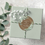 Rustic Wood Eucalyptus Greenery Watercolor Wedding Classic Round Sticker<br><div class="desc">These rustic boho watercolor botanical wedding stickers feature bouquets of sage green eucalyptus greenery decorating a gold geometric frame,  with a rustic wood background.</div>