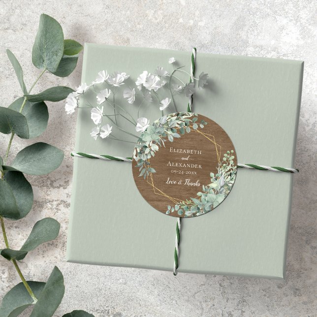 Rustic Wood Eucalyptus Greenery Watercolor Wedding Classic Round Sticker (Creator Uploaded)