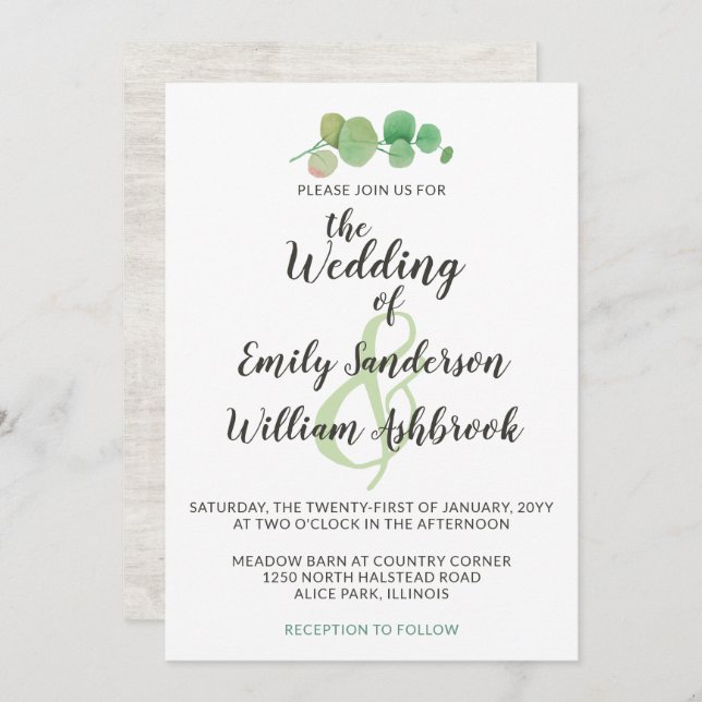 Rustic Wood & Eucalyptus Leaf Botanical Wedding Invitation (Front/Back)