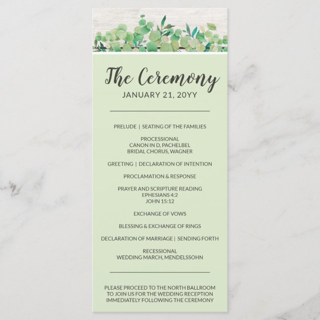 Rustic Wood & Eucalyptus Leaf Botanical Wedding Program (Front)