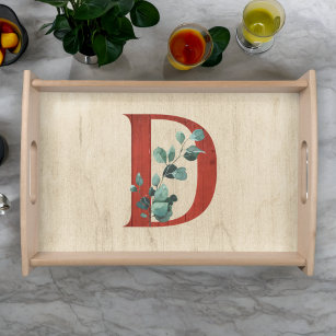 Rustic Wood & Eucalyptus Letter D  Serving Tray