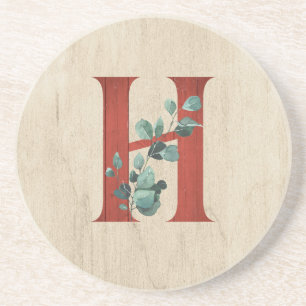 Rustic Wood & Eucalyptus Letter H  Coaster