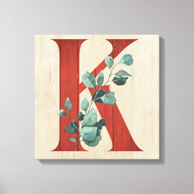 Rustic Wood & Eucalyptus Letter K Canvas Print (Front)