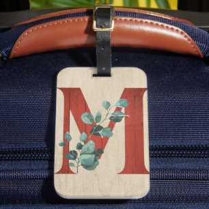 Rustic Wood & Eucalyptus Letter M  Luggage Tag