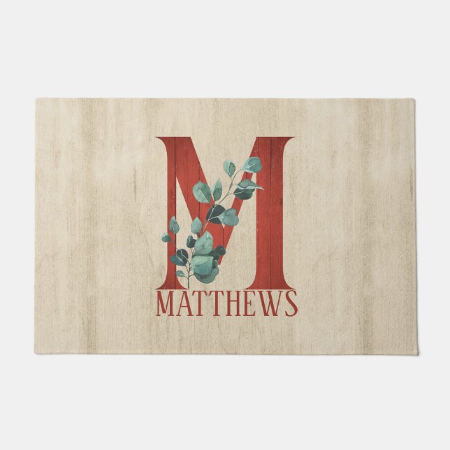Rustic Wood & Eucalyptus Letter M Personalized Doormat (Front)