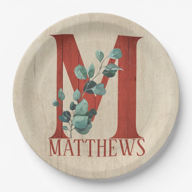Rustic Wood & Eucalyptus Letter M Personalized   Paper Plate (Front)