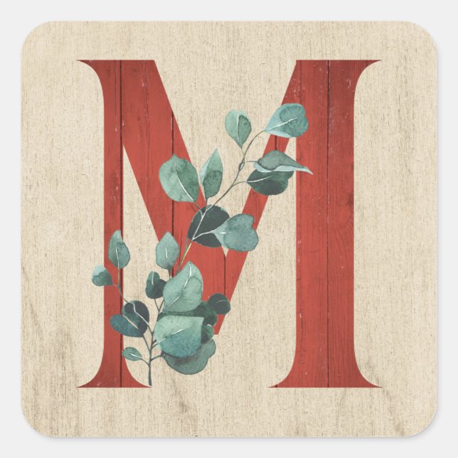 Rustic Wood & Eucalyptus Letter M  Square Sticker (Front)
