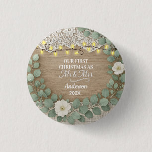 Rustic Wood & Eucalyptus Mr & Mrs Christmas 1 Inch Round Button
