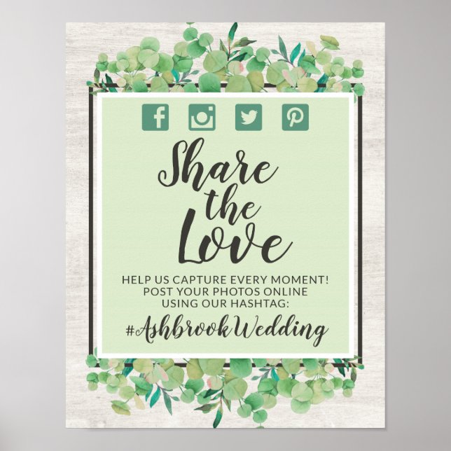 Rustic Wood Eucalyptus Wedding Hashtag Photo Sign (Front)