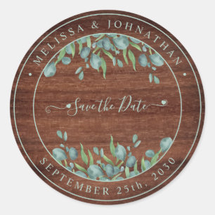 Rustic Wood Eucalyptus Wedding Save The Date Clas Classic Round Sticker