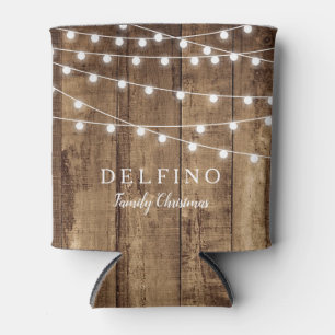 Rustic Wood Fairy Light Custom Holiday Party Beer Can Cooler