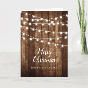 Rustic Wood Fairy Light Family Name Holiday Photo Card