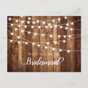 Rustic Wood & Fairy Lights Bridesmaid Proposal Postcard