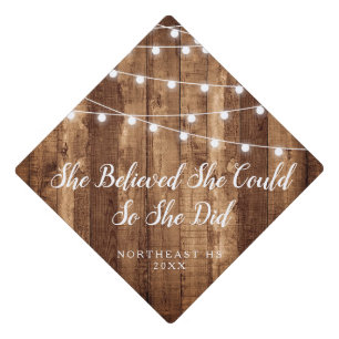 Rustic Wood & Fairy Lights Custom Graduation Cap Topper